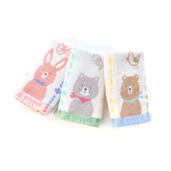 3枚セットポペット2　クマ・ネコ・ウサギ フェイスタオル