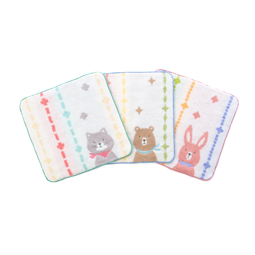 3枚セットポペット2　クマ・ネコ・ウサギ ハンカチ
