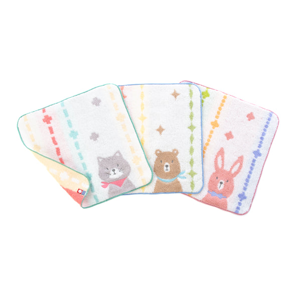 3枚セットポペット2　クマ・ネコ・ウサギ ハンカチ