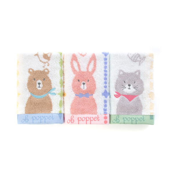 3枚セットポペット2　クマ・ネコ・ウサギ ウォッシュタオル