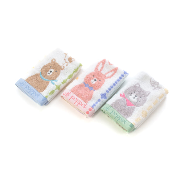 3枚セットポペット2　クマ・ネコ・ウサギ ウォッシュタオル